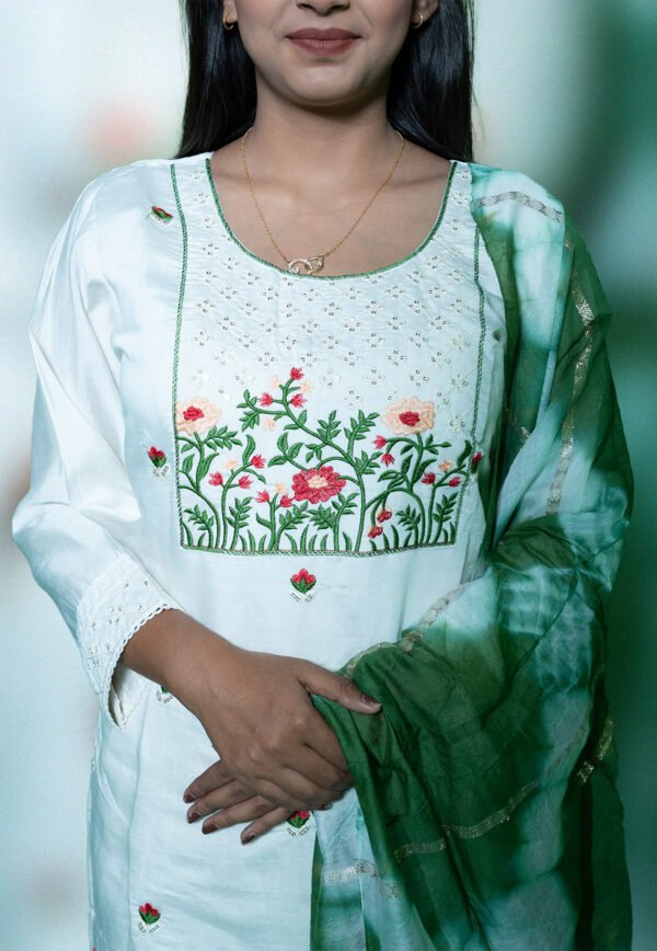 white-green thread work kurta Set